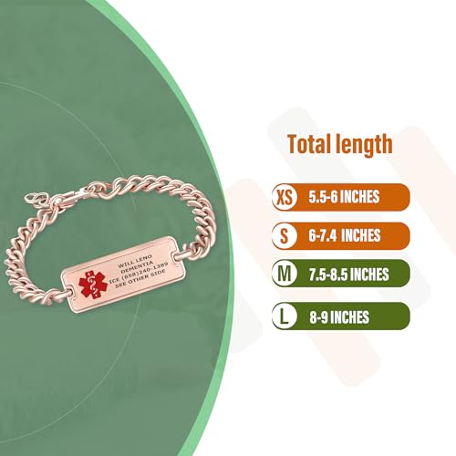 Divoti Custom Engraved Medical ID Alert Bracelet, 4-Line Personalized Conditions | 5.5-9\" Stainless Steel Rope Chain with Secure Lobster Claw/SS-RE/Large:8.0-9.0\"