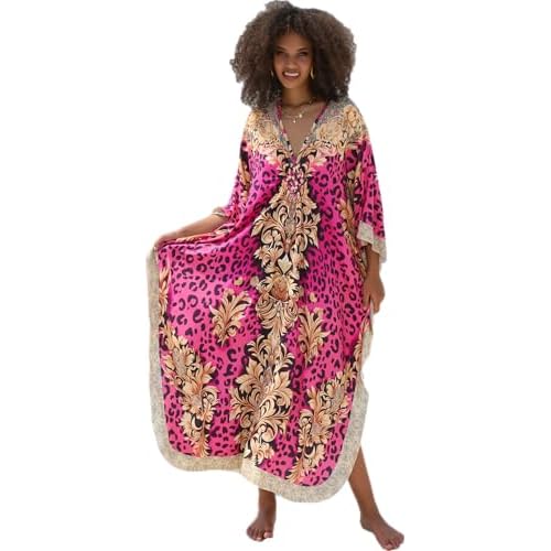 Beach Cover ups Hand Woven V Neck Swim Cover up Caftan Rayon Cotton Kaftan Dresses Floral Ethnic Print Beach Kaftans 1151-5 X-Large