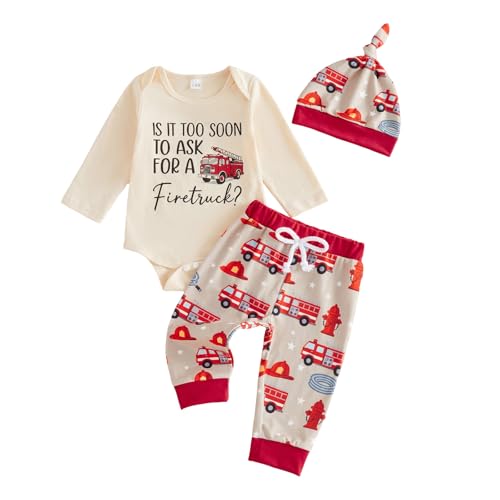 Newborn Baby Boy Fire Truck Romper Firefighter Outfit Fall Clothes, 0-3M