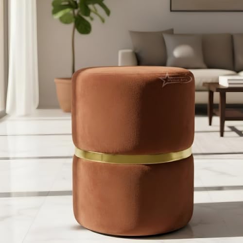 Image of Round Single Strip Upholstered Stool Living Room Foot Rest Linen Fabric Padded Seat Pouf Ottoman Office Stool (Coffee)