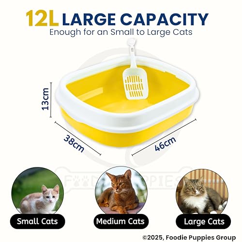 Image of Foodie Puppies Cat Litter Box Tray with Rim and Scooper - (Yellow) (Large, 46 x 38 x 13 cm) | Semi-Closed Design and Durable Quality | Pet Litter Sand Tray Suitable for All Adult Cats & Kittens