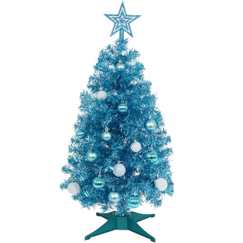SUNSHINE DECOR Blue Christmas Tree with Light 3ft Artifical Full Christmas Tree with Ball & Star Ornaments 8 Lighting Modes for Holiday Decor