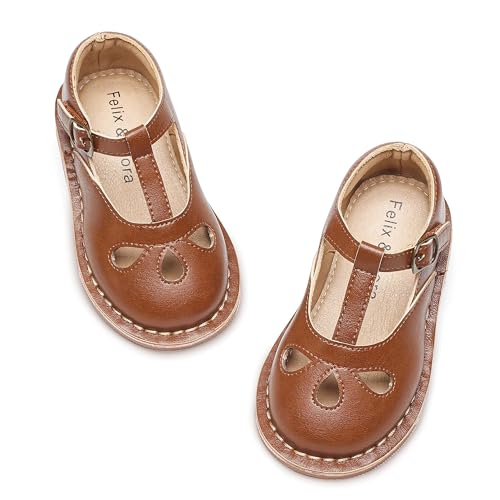 Felix & Flora Toddler Girl Brown Mary Jane Dress Shoes Size 10 - Flower Girls Ballet Flats for Party School