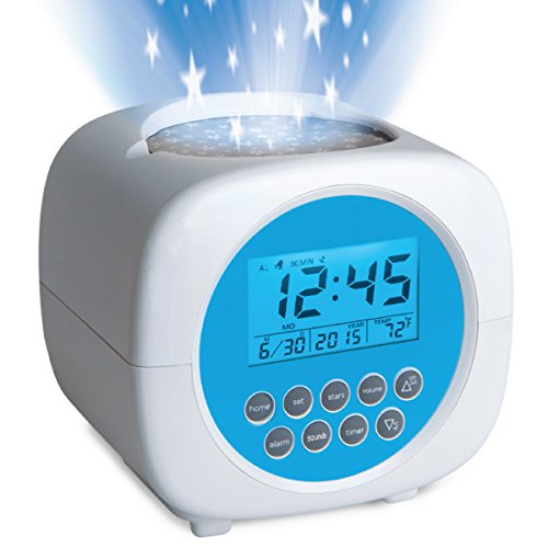Discovery Kids Color Changing Digital Star Projection LCD Alarm Clock w/ Built-in Sound Machine, Nature Recordings for Sleep, Galaxy Display On Ceiling/Walls, Volume Control, Requires 3 