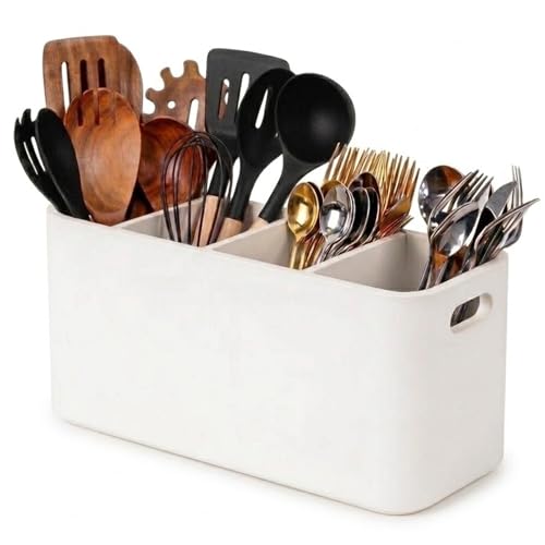 White Wooden Utensil Holder for Counter or Countertop - Extra Large 4 Compartment Wood Utensil Organizer, Painted Spatula Holder, Silverware Crock, Kitchen Utensil Storage