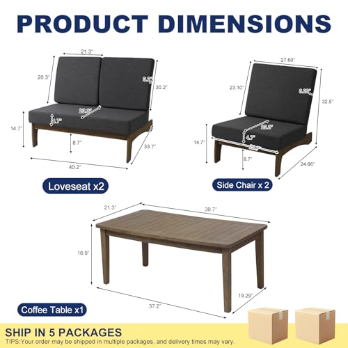 Image of Pia Ricoo 4 Piece Patio Furniture Sets, Outdoor Loveseat Sofa Set with 2 Chairs & Coffee Table, Patio Conversation Set for Backyard, Deck, Lawn, Drak