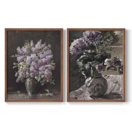 Renditions Gallery Set of 2 Peel & Stick Framed Prints, Abstract Wall Art, Still Life Chrysanthemums Lilacs in Vase Wall Decor, Re-stickable - for Ready to Hang - 8"x10" - Walnut Frame GAL052
