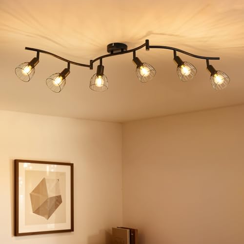 Leselux Lámpara de Techo LED con 6 Focos, Foco de Techo Negro Orientables, Aplique Techo Interior Base E14, Focos LED Interior Industrial para Cocina Salon Dormitorio, Sin Bombillas