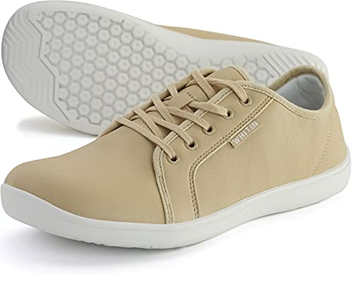 WHITIN Men s Fashion Leather Barefoot Sneakers Wide Toe Box Arch Support Zero Drop Sole Minimus Casual Size 10 Minimalist Tennis Shoes Walking Waterproof Flat Lightweight Dress Male Khaki 44