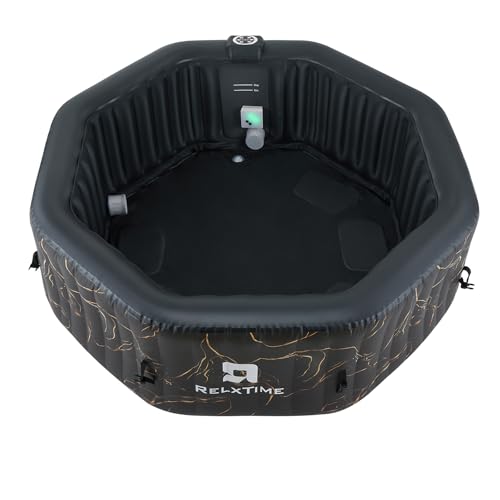 4-6 Person Inflatable Hot Tub Spa Octagon, Outdoor Portable Blow Up Hottub 130 Air Jets with Energy Efficient Cover, Built in Heater Pump, Cup Holder, 2 Filters, Black