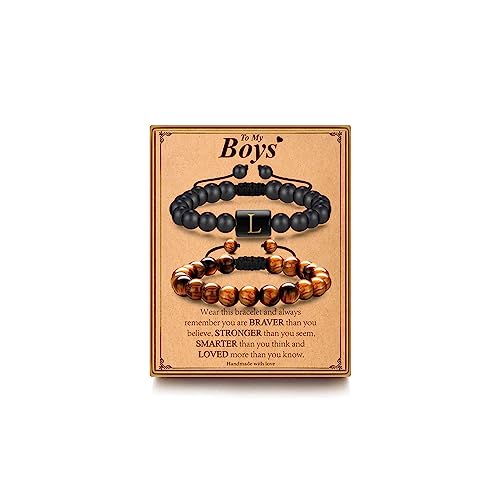 MONOZO Jewelry Gifts for Teenage Boys, Bracelet Gifts for Boys 8mm Tiger Eye & Black Agate Initial L Beaded Bracelets Birthday Christmas Graduation Jewelry Gifts for Boys Teen Boys Men Boy Gifts Ideas