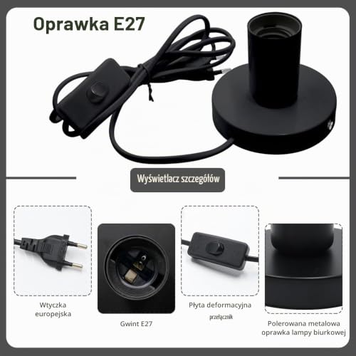 GOIYZTTR Zestaw 2 uchwytów na lampę biurkową E27 z przełącznikiem kablowym Vintage lampa stołowa z czarnym gniazdem E27 Gniazdo żarówki z kablem 1,8 m do dekoracji oświetlenia domu