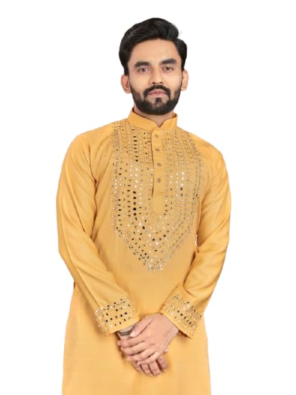 Men's Kurta set mirror work with Pajama for indian festival wedding Soft Silk Ethnic Wear (BB-KN) (Yellow, XX-Large)