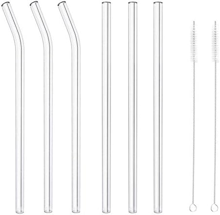 MIXIAO Glass Straws Clear 8.5" x 10 mm Set of 6 with 2 Cleaning Brush, Premium Glass Handmade - Healthy, Reusable, Eco Friendly, BPA Free, Very Sturdy - for Smoothie, Milkshake, Cocktail