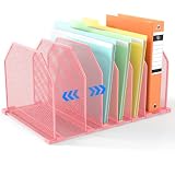 ZONGALL Adjustable File Organizer for Desk, 6 Sections Vertical File Folder Holders Desktop Binder Organizer, Mesh Desk Organizer File Sorter for Home Office Classroom, Pink