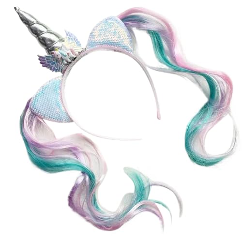 Asukohu 人気のスパンコール付き角付きヘアバンド 魚の尾と耳付き 子供の誕生日パーティー ドレスアップや特別な機会の小道具 フィッシュテール ヘアフープ