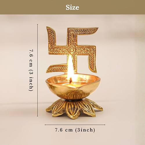 Image of Behoma 100% Pure Brass Swastik Diya Set of 2 for Puja | Traditional Handcrafted Brass Oil Lamp Diya for Home, Temple, Office, Pooja Room Decoration, Festive Rituals & Housewarming Gift Item