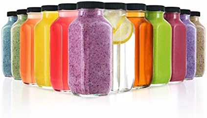 DilaBee Glass Juice Bottles with Lids [12 Pack] Bulk Glass Water Bottles with Caps for Juicing, Smoothie, Milk, and Kombucha - Homemade Drinking Glass Bottles for juicing - 8 Oz