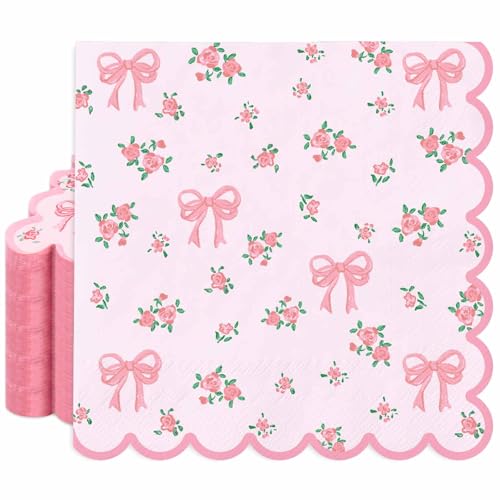 FYSUIMU 50Pcs Floral Bow Paper Napkins Pink Bowknot Flower Luncheon Napkin Scalloped Coquette Cute Disposable Dinner Napkins for Spring Wedding Bridal Shower Home Party Supplies