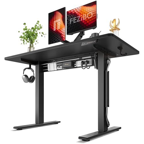 Image of FEZIBO Electric Standing Desk with L-Shaped Crossbar & Cable Management System, 48 x 24 Inches Sit Stand up Desk, Adjustable Height Standing Desk for Home Office, Black