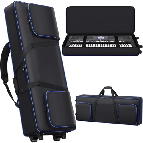61 Key Keyboard Case with Wheels (40.5' * 16.5' * 5.5'), 61 Key Piano Keyboard Rolling Bag Soft Padded with Multiple Pockets, Electric Piano Keyboard Travel Gig Bag for 61 Key Keyboard and Accessories