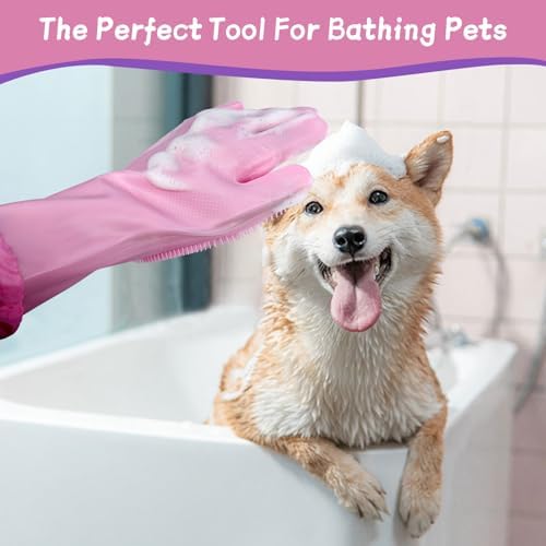 Dog Washing Gloves Finger Toothbrush,2-in-1 Pet Shower Set,Dog Bath with Extended Length,Comfortable (Pink) - 3