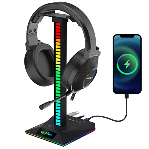 Support Casque, eppfun Support Casque LED RGB Porte Casque Gamer avec3.5 mm AUX/USB A/USB C Ports pour PC Gamer, Casque Gaming (Noir)