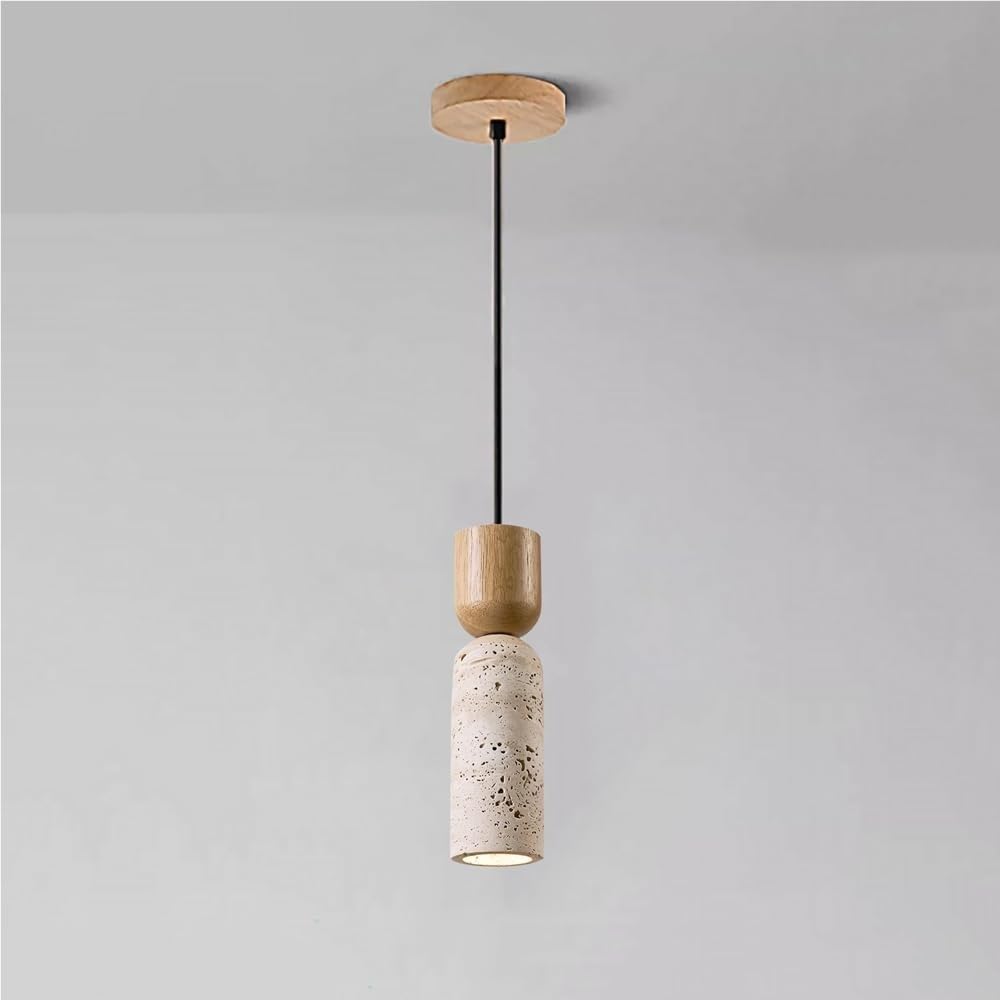Lampada a sospensione vintage a testa singola a moderna a cilindro in travertino Stile giapponese Piccoli apparecchi di illuminazione in legno massello for ingresso camera da letto soggiorno