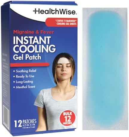 HealthWise Instant Cool Gel Patches | Migraine & Fever Relief | 12-Count | 4.75” x 2” | Soothing Menthol Vapors | Non-Medicated Formula