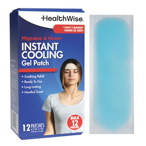 HealthWise Instant Cool Gel Patches | Migraine & Fever Relief | 12-Count | 4.75” x 2” | Soothing Menthol Vapors | Non-Medicated Formula