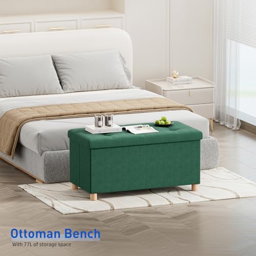 Image of BRIAN & DANY 30 Inches Folding Storage Ottoman Bench, Ottoman with Storage Bench for Bedroom, Living Room, Entryway, Foot Rest with Legs, Dark Green