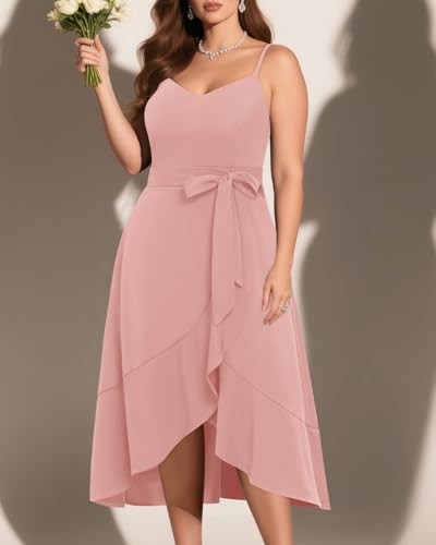 Image of Pinup Fashion Plus Size Cocktail Party Wedding Guest Semi Formal Midi Dress | Sexy V-neck, adjustable spaghetti strap, belted waist, fit and flare, flowy high-low ruffle hem, ideal for prom, homecoming