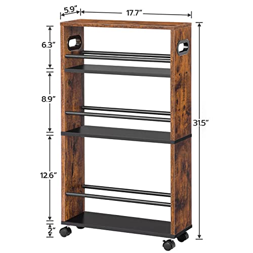 Hoobro 4-Tier Slim Rolling Cart, Storage Cart For Laundry Room, Narrow Kitchen Cart With Handle And Lockable Casters, Space Saving, Easy Assembly, For Kitchen, Bathroom, Rustic Brown Bf15Tc01 #TOP3