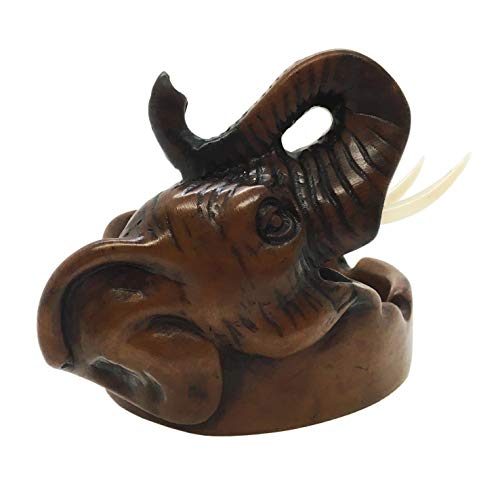 Witnystore Tiny 4¼" High Brown Lifting Trunk Elephant Head Ashtray - Miniature Hand Made Painted Resin Animals Decorative Figurines Ashtrays Cigarette Holder Home Décor Accents Souvenirs Gifts #TOP3