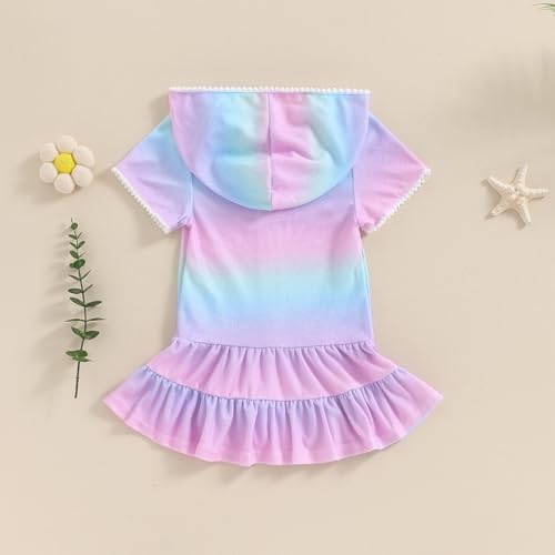 Image of Girls Swim Cover Up Kids Short Sleeve Swimsuit Coverups Terry Zip-Up Hoodies Beach Dress Ruffle Bathing Suit Wraps