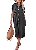 Dokotoo Black Dresses for Women Button Side Slit Pockets Short Sleeve Cardigans Solid Color Loose Spring Summer Kimonos Swimsuit Cover Up Dark Gray X-Large