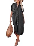 Dokotoo Maxi Dresses for Women 2024 Button-Down V Neck Short Sleeve Side Split Pocketed Shirt Dresses Loose Fit Casual Summer Cardigan Dark Gray Small