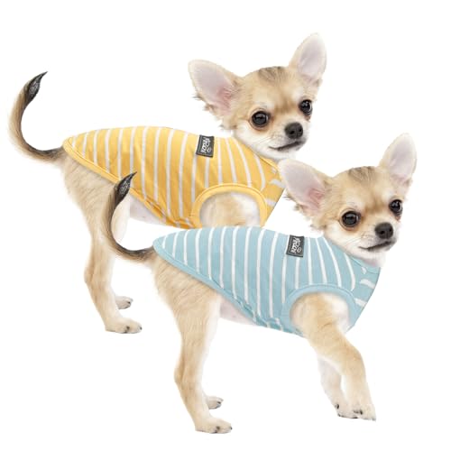 Image of MIHACHI Dog Shirts Cotton Striped T-Shirt, Summer Pet Clothes for Small Dogs, 2-Pack Soft Puppy Apparel Cat Tee, Sleeveless Lightweight, Quick Dry, Breathable,Stretchy for Chiuahaha, Blue Yellow XS