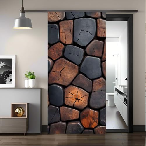 3D Abstract Wood Texture PVC Door Stickers - Removable Waterproof Curved Wood Carving Door Decals, Modern Minimalist Home Decor for Bedroom Bathroom