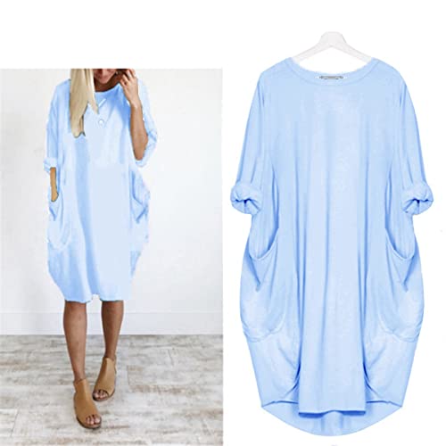 Qiribati Vestido feminino plus size manga longa midi vestido gola redonda casual com bolsos, Branco,