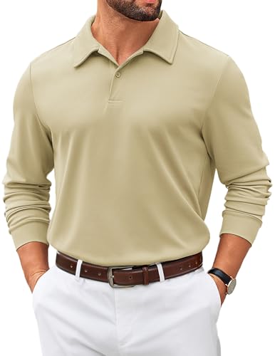 COOFANDY Mens Polo Shirts Long Sleeve Button Down Shirts Active Sweatshirt Regular Fit Shirts for Men Performance Golf Work Khaki