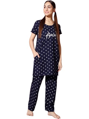 Image of Printed Round Neck Short Sleeve Nightsuit Set | Casual Night Dress for Women