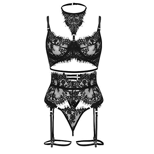 Lingerie sexy jarretière pour pimenter vos soirées en couple avec cet ensemble en dentelle noire