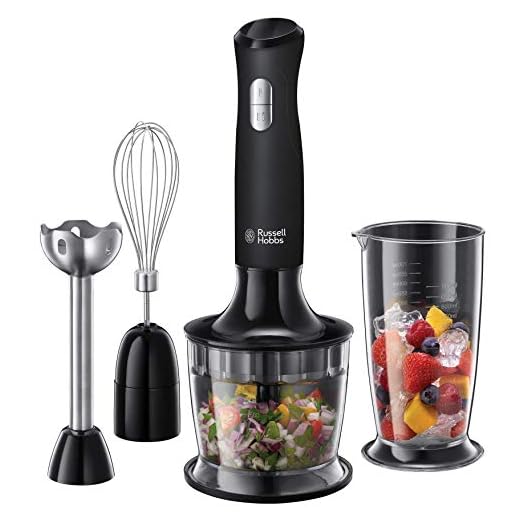 Russell Hobbs Batidora de Mano Matte Black - Batidora 3 en 1, Picadora, Varillas Batidoras, Cuchillas Acero Inoxidable, Vaso de 0,5 L, 2 Velocidades, Negro - 24702-56