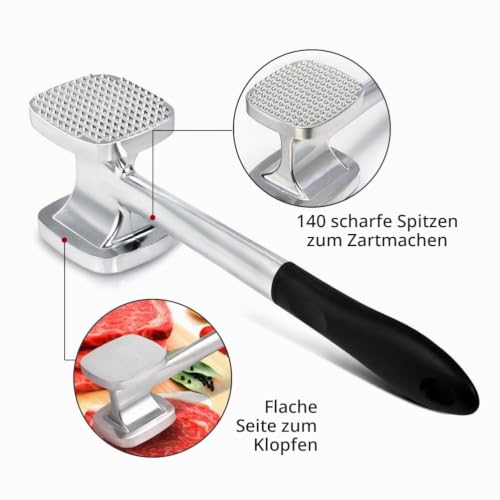 Foto von TIMESETL Fleischklopfer Metall Fleischhammer Doppelseitig, Alulegierung 28cm 140 Stacheln & Flach Oberfläche Schnitzelhammer, rostfrei rutschfest Fleischhammer für Hähnchen, Rind, Schwein, Steak usw