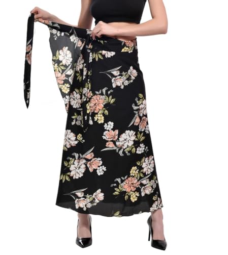 Image of Women's Floral & Animal Print Wrap Skirt - Midi Length A-Line Summer Skirt with Side Tie-Up, Tropical Cheetah Tiger Casual Beach Wear