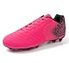 FEETHING Women Soccer Cleats Firm Ground Lace-Up Youth Soccer Shoes Light-Weight Outdoor Training Football Sneakers Big Kid,Pink,8
