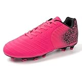 FEETHING Women Soccer Cleats Firm Ground Lace-Up Youth Soccer Shoes Light-Weight Outdoor Training Football Sneakers Big Kid,Pink,7