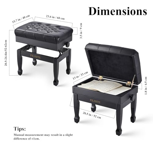 FILISITE Adjustable Height Piano Bench with Storage, Heavy Duty Solid Wood Piano Stool Keyboard Bench with PU Leather Padded Cushion(Black) - Thumbnail 3