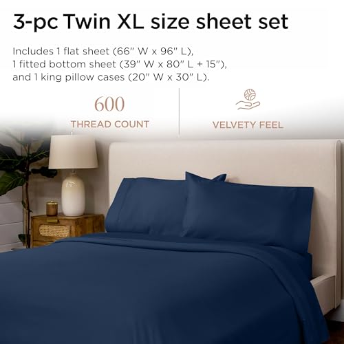 Image of Threadmill 100% Cotton Sheets for Twin XL Size Bed - 600 Thread Count Twin XL Bed Sheets Set with 15 inch Deep Pocket - Sateen Weave 3-Piece Bedding Set with Cooling Effect, Folkstone Blue